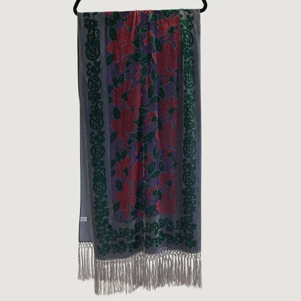Silk Burnout Velvet Scarf Purple Red Floral Fringe Devore Wrap Whimsigoth Boho